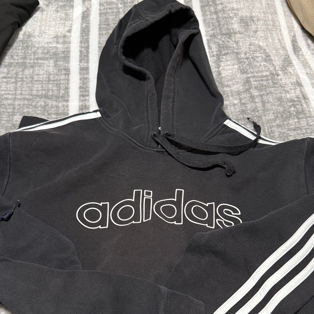 Adidas Black Hoodie with White Logo and Stripes